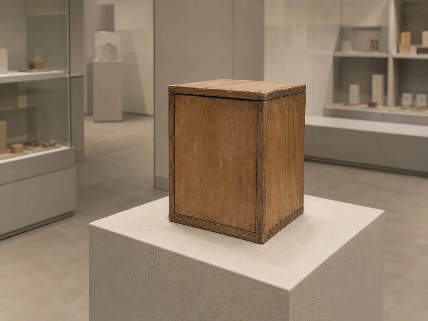 異類生物資料館の展示室に置かれた、古い木製の箱（ハコの外箱）