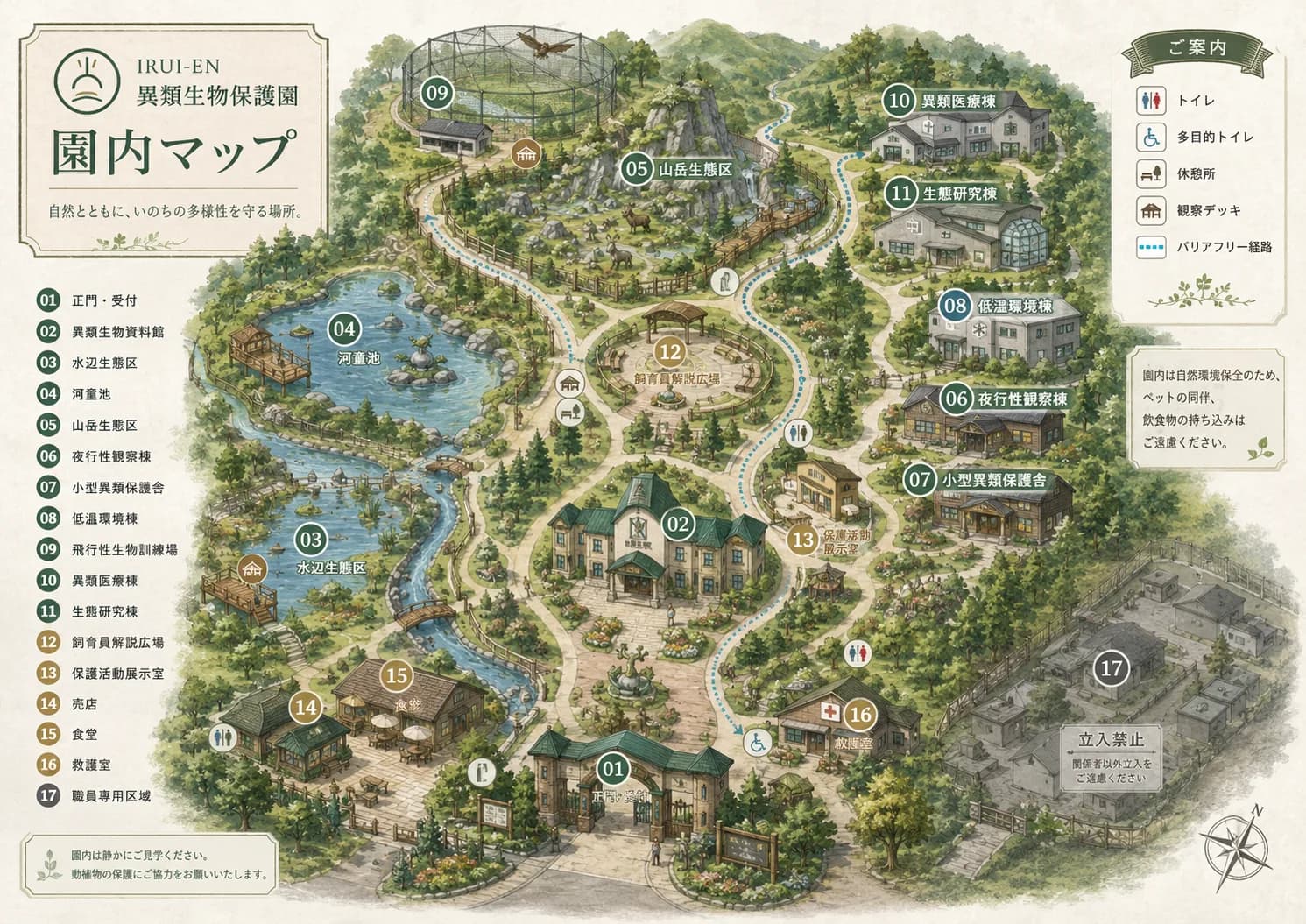 異類生物保護園の園内マップ（パンフレット風イラスト）。実際の縮尺・方位とは対応していません。各施設の名称と説明は下の一覧でも確認できます。