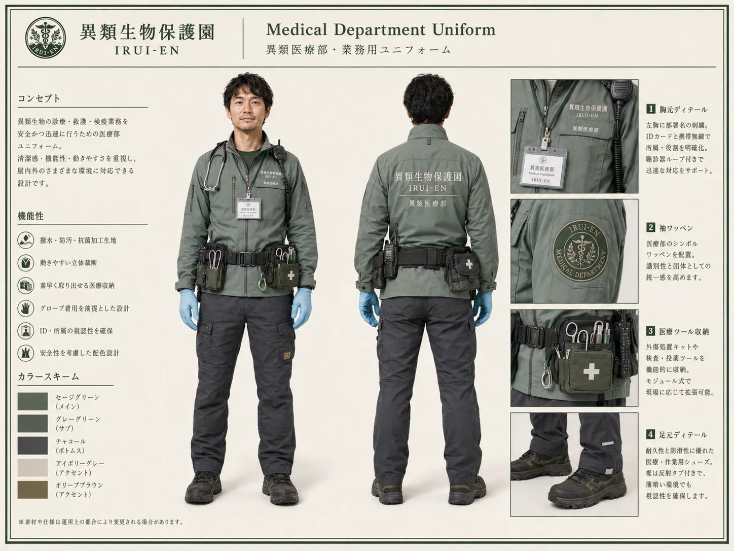 セージグリーンの診療用ジャケットを使用した異類医療部制服の正面・背面資料